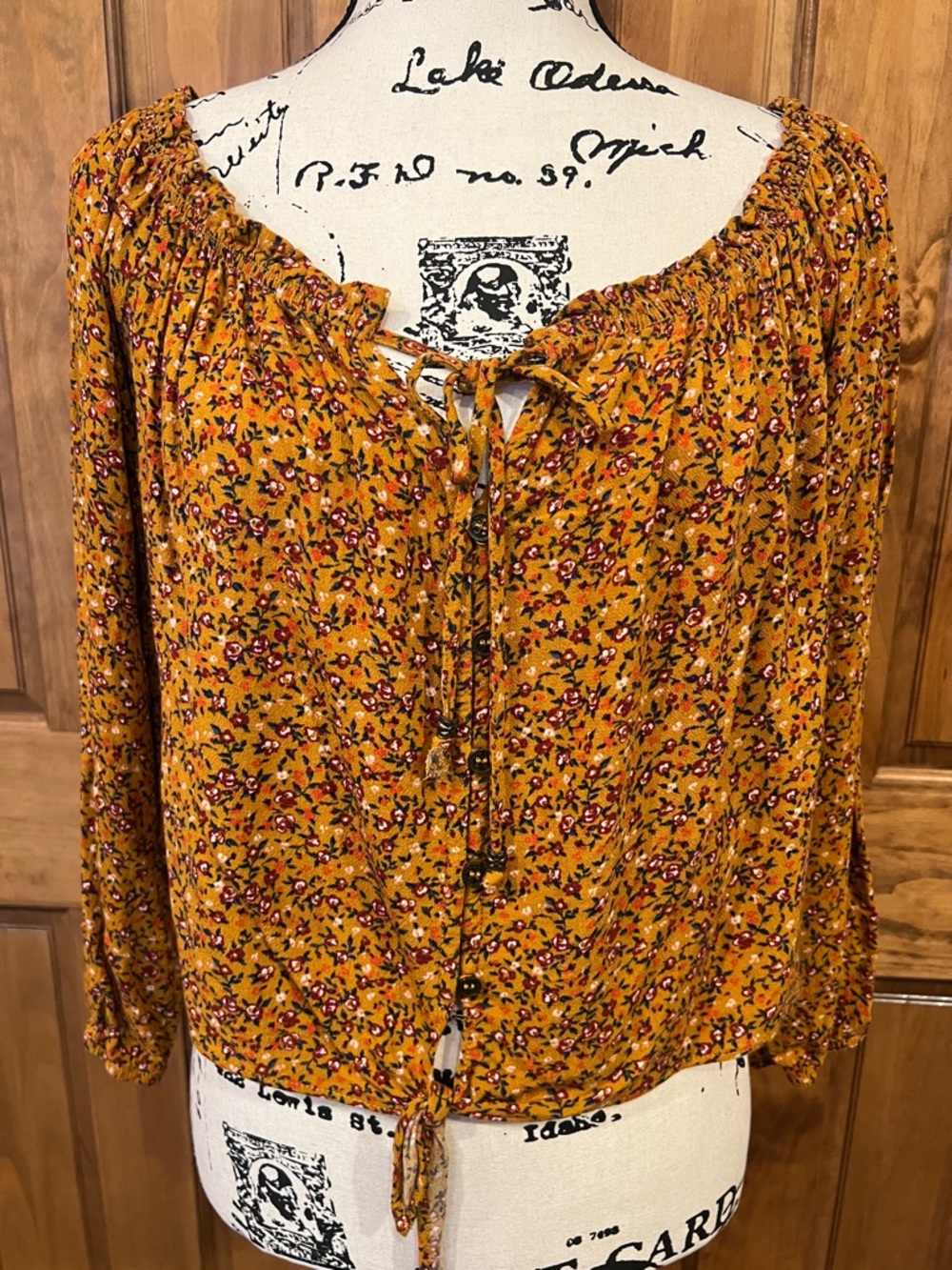 Boho Floral Tie-Neck Blouse in Mustard